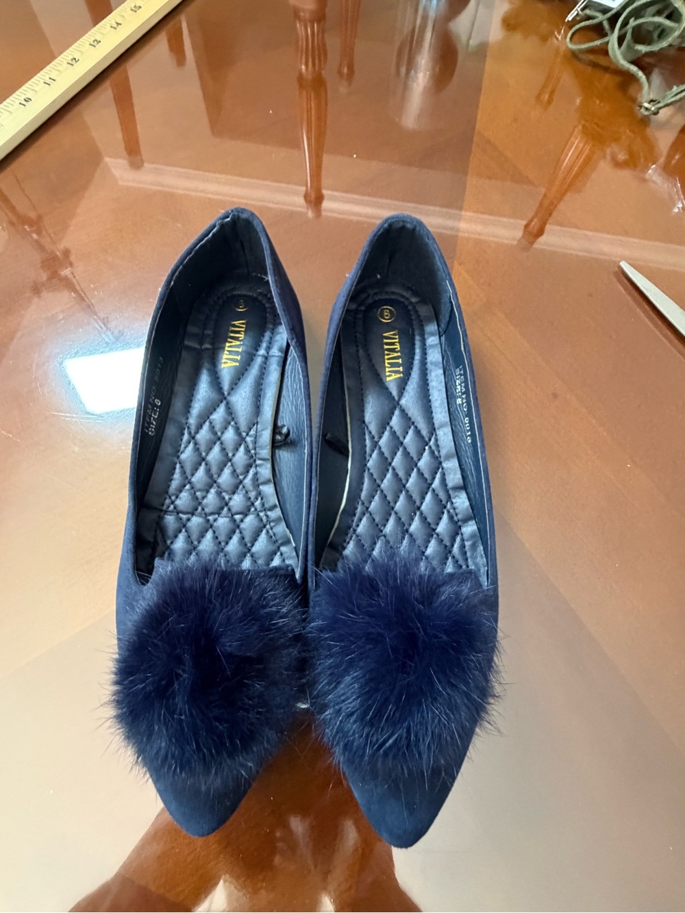 TALLIA Navy Pointed Pom-Pom Quilted Flats